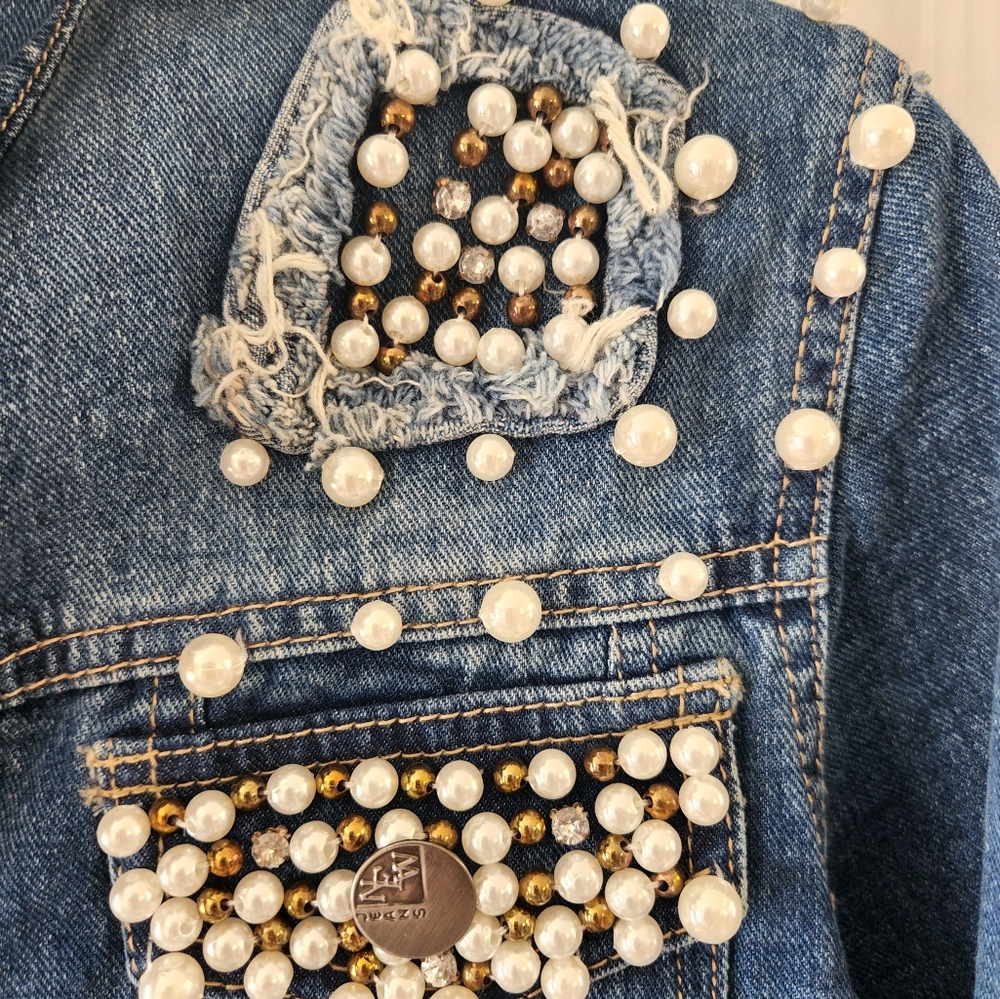 Love Brand Jean Jacket Pearls Denim Large Boutique - Picture 3 of 7